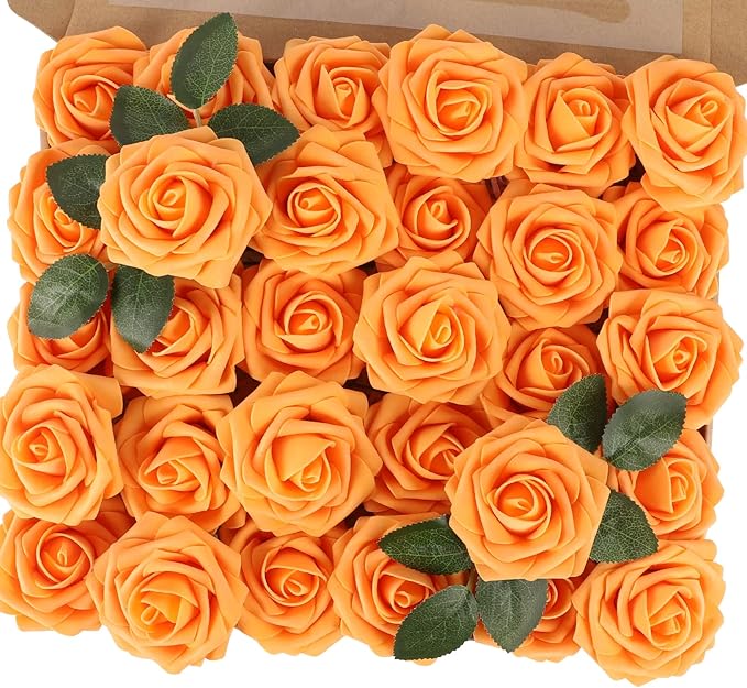 MACTING Artificial Rose Flowers 30PCS Real Touch Fake Flowers with Stem Orange Faux Foam Roses for DIY Wedding Bouquet Table Centerpieces Party Bridal Shower Home Fall Thanksgiving Decor