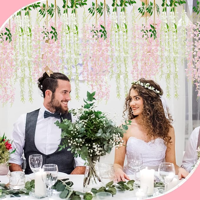 Giegxin 24 Pcs Artificial Wisteria Hanging Flowers 3.6 ft Artificial Fake Wisteria Vine Rattan Hanging Garland Silk Flowers String for Wall Home Wedding Party Greenery Decorations (Pink,White)