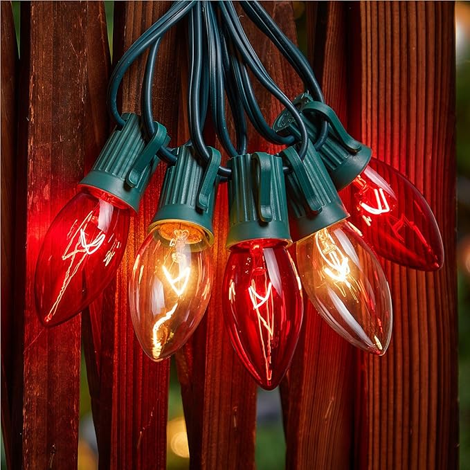 Minetom C9 Red & Clear Christmas String Lights, 25FT 25 Blubs Bright & Warm Outdoor Christmas Lights, Long Life C9 String Lights for Tree Patio Gazebo Wreath, Green