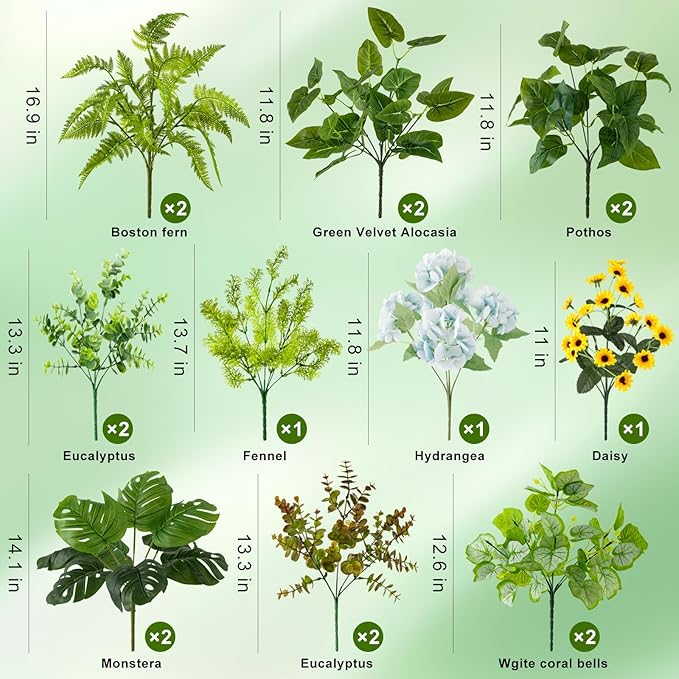 WINTS 17 Bundles Outdoor Artificial Plants UV Resistant Fake Greenery Stems Faux Shrubs Plastic Plant for Outdoor Planter Porch Patio Garden Window Box Home Decor