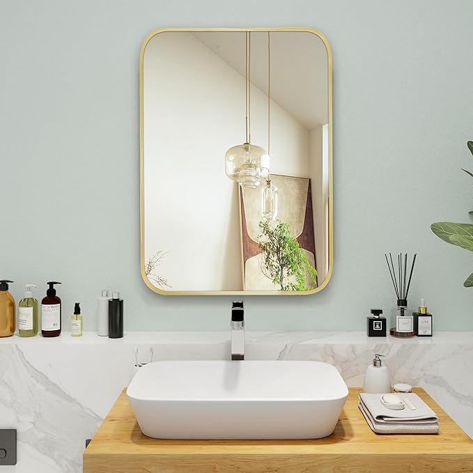 24"x36" Brushed French Gold Metal Framed Rounded Rectangle Mirror, Gold Wall Mounted Mirrors for Bathroom Entryway Vanity Living Room Bedroom, Vertical or Horizontal