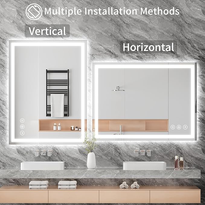 Koonmi 20x28 LED Bathroom Mirror, Backlit + Front Lit, LED Bathroom Mirror with Lights for Wall, 3 Colors, Anti-Fog, Dimmable Brightness, Memory Function, Tempered Glass