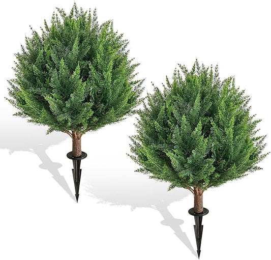 23”Artificial Cedar Topiary Ball Tree Set of 2 with Ground Spikes, UV Resistant Artificial Bushes Fake Plants for Home Front Door Offices