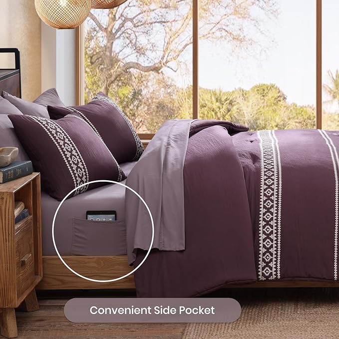 MaiRêve Embroidery Full Size Comforter Set Purple, Farmhouse Western Boho Bedding Set 7 Pieces, All Season Bed in A Bag Comforter Set with Sheets, Pillowcases & Shams