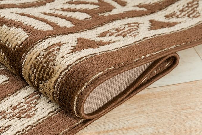 Custom Length Cut to Size Tribal Ethnic Southwestern Inspired Hallway Runner Rug, Non Slip Rubber Backed, 31 inch Wide X Customized Length, Mayan Brown, 31 inch X 25 feet