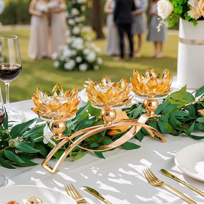 Crystal Candle Holders Lotus Candelabras Gold Arch Candlestick, Centerpiece Table, Home Hecor for Wedding, Dinning Room, Coffee Table, Kitchen, Living Room, Entryway (3 Arms, Tealight Candle)