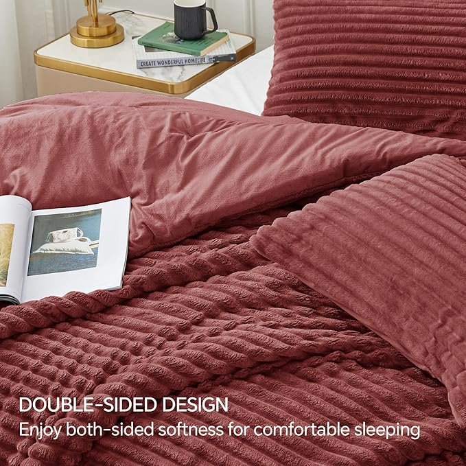 BEDELITE Fleece Full Comforter Set -Super Soft & Warm Fluffy Burgundy Bedding, Luxury Fuzzy Heavy Bed Set for Winter with 2 Pillow Cases