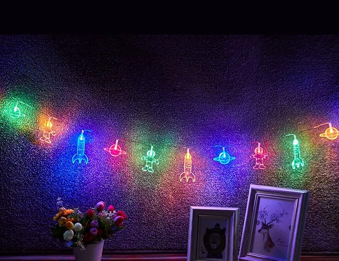 AceList 10 LED Children's Room LED String Light Astronaut Spaceship Rocket Pendants Holiday Party Lights Wall Window Nursery or Kids Room Decor Wedding Around The Garden Patio Christmas (Multicolour)