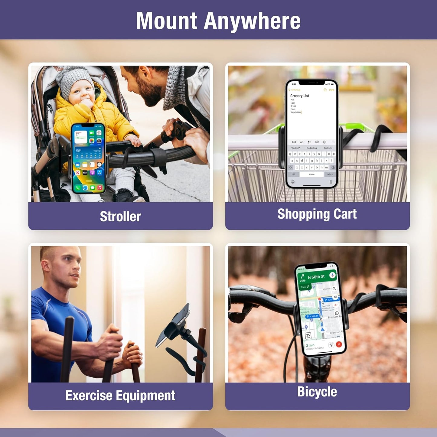 Flexible Adjustable Gooseneck Phone Holder for Car, Stroller, Treadmill, Shopping Cart, Bike, Boat, Golf Cart