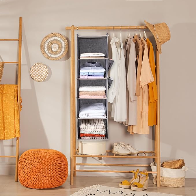 BOOMIBOO Hanging Closet Organize and Shelves，5-Hanging Shelf with 2 Side Pockets，Storage Foldable （Beige）