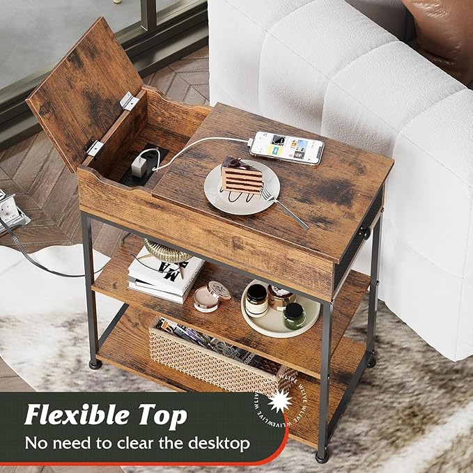 WLIVE Narrow Side Table with Charging Station, Couch Side Table for Living Room, Narrow End Table for Bedroom with Fabric Drawer, USB Ports and Power Outlets, Samll Nightstand Tables, Rustic Brown