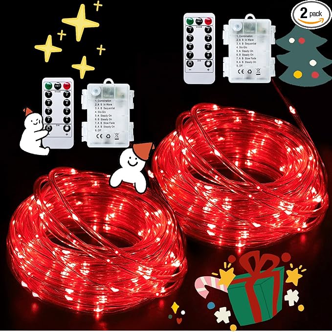 JMEXSUSS 2 Pack Red Christmas Lights Battery Operated Rope Lights Outdoor Waterproof Total 200LED 8 Modes Battery Powered String Lights with Remote for Patio Tree Garden Christmas Decor