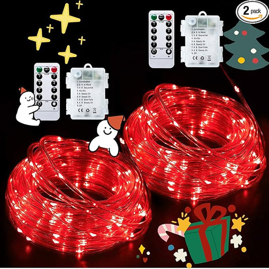JMEXSUSS 2 Pack Red Christmas Lights Battery Operated Rope Lights Outdoor Waterproof Total 200LED 8 Modes Battery Powered String Lights with Remote for Patio Tree Garden Christmas Decor