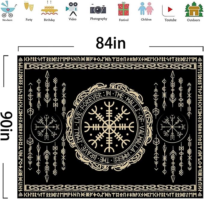 OSUNBD Nordic Vikings Tapestry Large 84x90inches Soft Flannel Vegvsir Symbol Amulet Celtic Rune Scandinavian Aesthetic Mythology Tapestry Wall Hanging for Bedroom Living Room Decor