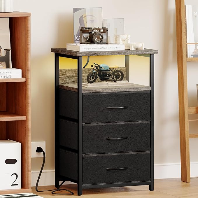 Fixwal Night Stand with Charging Station, LED Nightstand with U-S-B Ports and Outlets, 3 Fabric Storage Drawers with PU Finish, Bed Side Table, Charcoal Gray