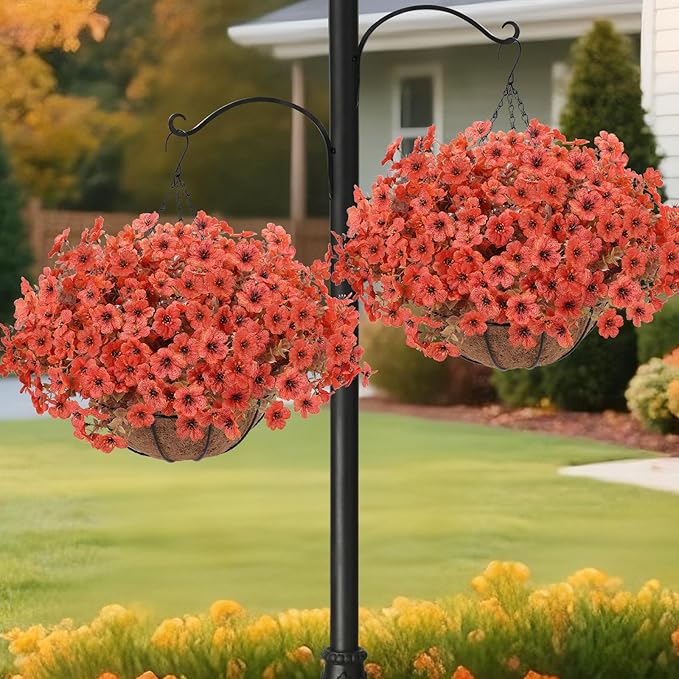 Geegoods Artificial Hanging Baskets for Outdoors Decoration, 24 Pcs Artficial Outdoor Flowers with Hanging Baskets UV Resistant Look Real Orange Mums for Autumn Porch Patio Balcony Yard Home Decor