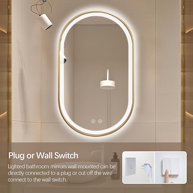 Niccy Oval LED Mirror for Bathroom, 40x24 Front Lit + Backlit Vanity Mirrors with Light Anti-Fog, Shatter-Proof, 3 Colors, Makeup Mirror with Gold Frame (Horizontal/Vertical)