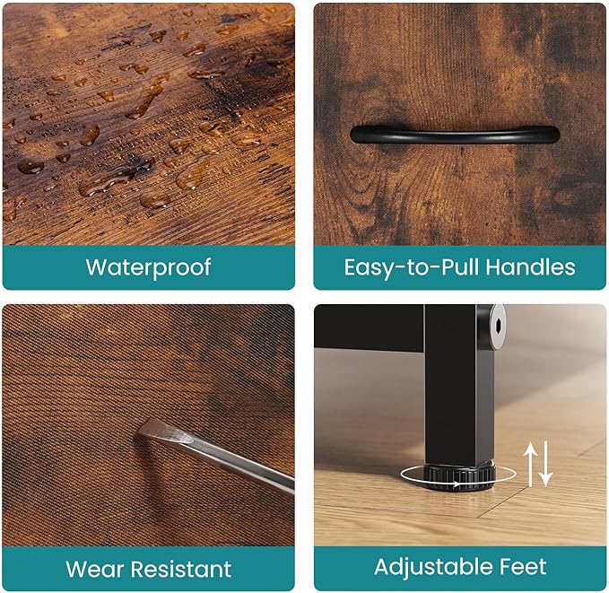 OLIXIS 5 Drawer Dresser Nightstand Classic Rust Brown, Wooden Top Metal Frame Fabric Storage Organizer for Bedroom Living Room Entryway, Wide TV Stand Closet Chest Furniture