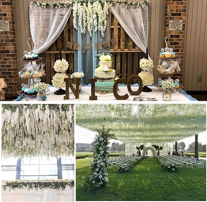 Artificial Wisteria Hanging Flowers Fake Wisteria Flower Garland Silk Vines Rattan Decor for Home Wedding Arch Wall Garden Greenery Bedroom Outdoor Office Party Decoration (24, White)