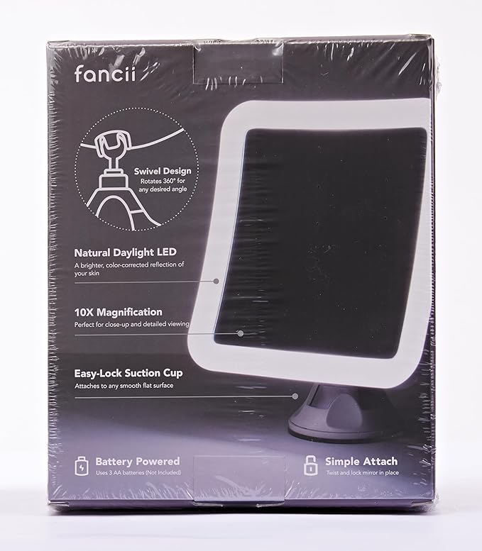 Fancii 10X Magnifying Lighted Makeup Mirror - Daylight LED Vanity Mirror - Compact, Cordless, Locking Suction, 6.5" Wide, 360 Rotation, Portable Illuminated Bathroom Mirror (Square)