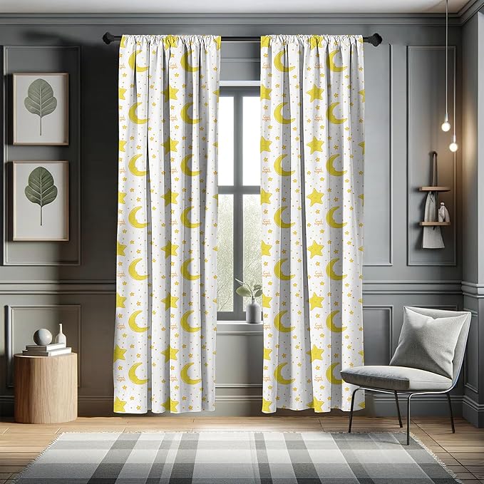 Ambesonne Yellow and White Curtains, Sleeping Crescent Moon and Stars Pattern Night Time Cartoon Illustration, Window Treatments 2 Panel Set for Living Room Bedroom, Pair of - 28" x 63", Pale Yellow