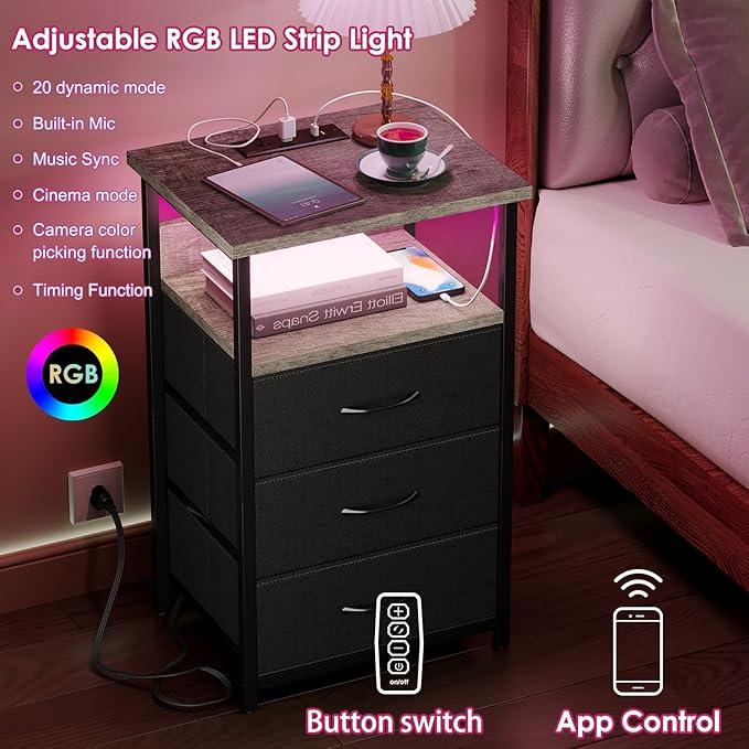 Fixwal Night Stand with Charging Station, LED Nightstand with Fabric Drawers, End Table with PU Finish, Bed Side Table, French Oak