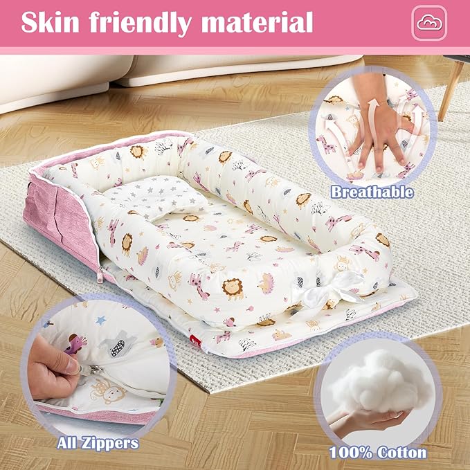 Baby Lounger for Tummy Time Portable,Baby Play mat with Strap,Newborn Lounger Inner Zipper for Boys Girls 0-24 Months,Animal World Pink