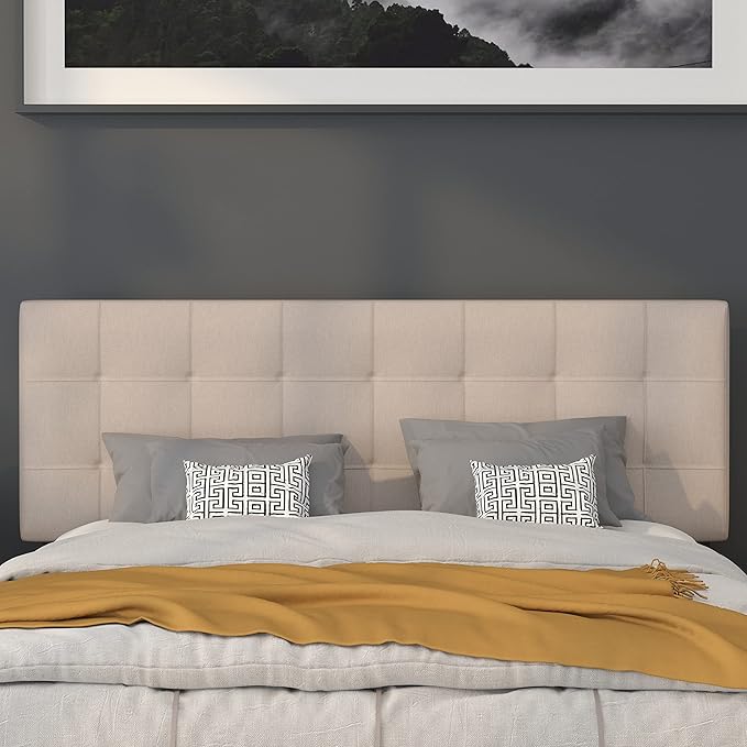 Flash Furniture Bedford Box Stitch Tufted Upholstered Queen Size Headboard in Beige Fabric