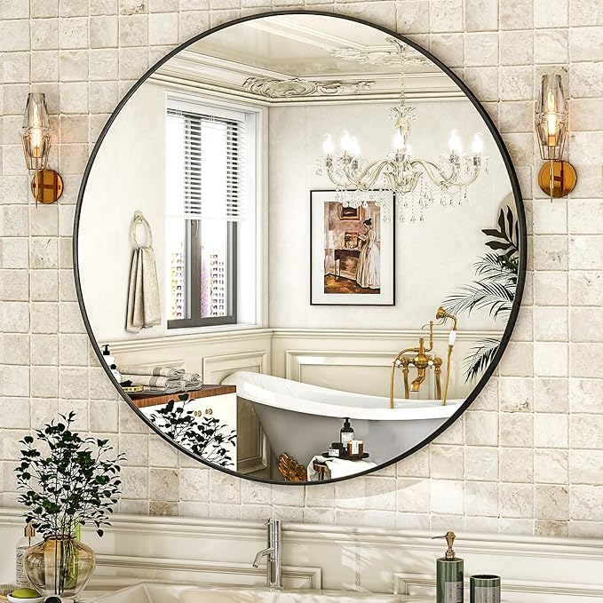 HARRITPURE Round Mirror 30 Black Wall Mounted Circle Mirrors Vanity Mirror with Brushed Aluminum Alloy Frame Modern Decoration for Bathroom, Living Room, Vanity, Bedroom, Entryway
