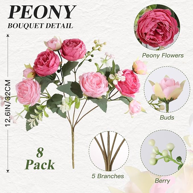 Luyue 8 Packs Peonies Artificial Flowers Faux Peony Bouquet Fake Peonies Flower for Vase Silk Peony Floral Arrangements for Table Centerpiece Wedding Decoration Indoor Home Decor