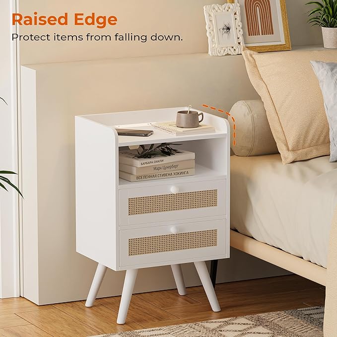 SUPERJARE 2 Drawer Night Stand with Charger Station, Boho Rattan Nightstand Set of 2, 25.2 Inch Tall Bed Side Table with Solid Wood Feet, End Table, Open Storage, Synthetic Rattan, for Dorm, White