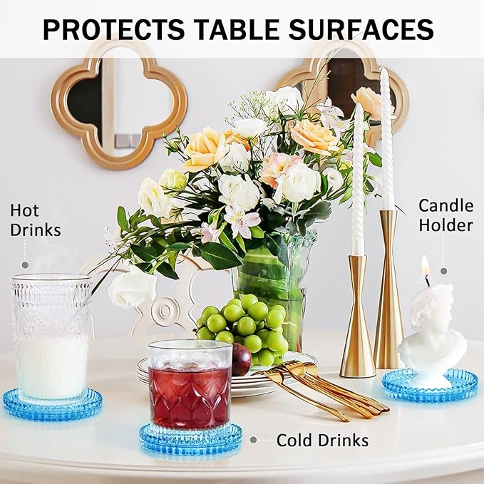 Glass Candle Holders, GOH DODD Set of 8 Crystal Pillar Plates Modern Coasters for Drinks, Centerpiece, Home Decor, Kitchen, Living Room, Patio, Wedding, Halloween, Christmas, Party, Clear Blue