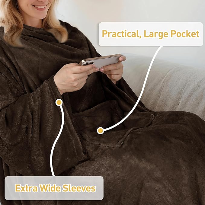 Catalonia Wearable Fleece Blanket with Sleeves and Foot Pockets for Adult Women Men, Micro Plush Comfy Wrap Sleeved Throw Blanket Robe Large, Brown