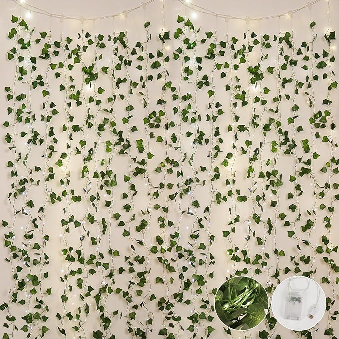 RECUTMS 118 Inches Plant Garland Hanging Vines with Lights LED Strings Artificial Ivy Fake Greenery Leaf Plants Faux Silk Green Leaves Plastic Flower for Party Room Patio Wall Bedroom Outdoor Decor