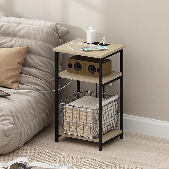 Furinno Moretti Side Table, 3-Tier End Table with Charging Station, Metal Frame Night Stand, Bedside Table with USB and Type-C Charging Port, for Living Room, Bedroom, Bauhaus Oak
