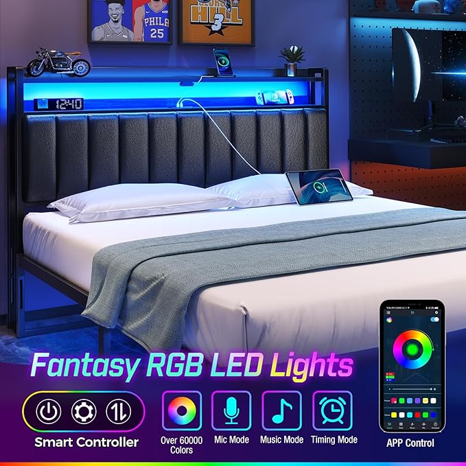 Rolanstar Headboard for Queen Size Bed with Storage, 60,000 DIY Color of LED Light, Head Board with USB, Type C Port, Height Adjustable, Black Upholstered Cabeceras de Cama Comfortable Modern, Leather