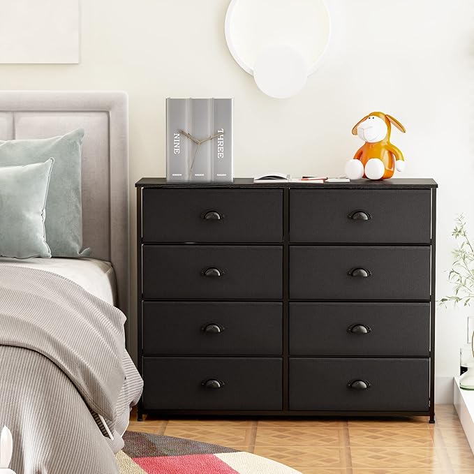 Furnulem Dresser with 8 Fabric Drawers, Wide Console Table for 50'' TV, Storage Organizer Unit for Bedroom, Office, Dorm, Closet, Hallway, Sturdy Metal Frame & Wood Top (Black)