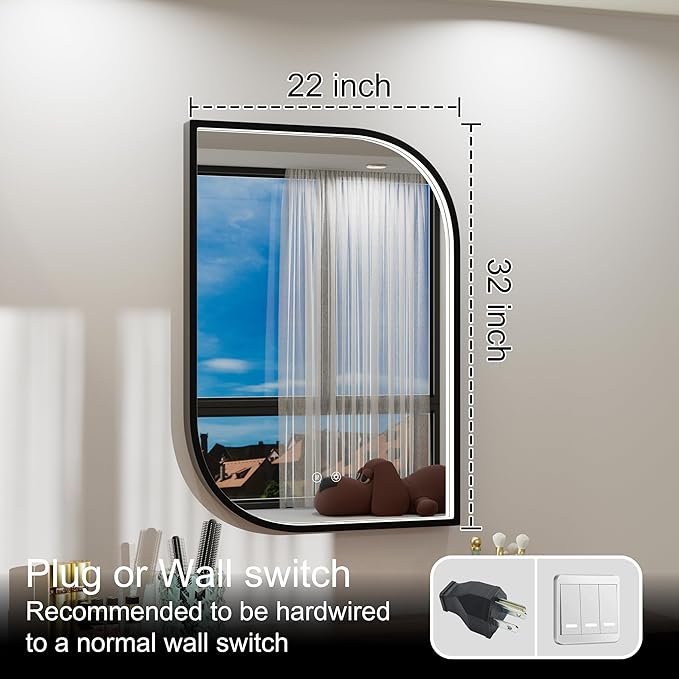 22x32 Inch LED Mirror for Bathroom, Adjustable 3000K/4500K/6000K, Irregular Black Frame Lighted Bathroom Vanity Mirror with Lights, Anti-Fog, Stepless Dimmable, Wall Mounted
