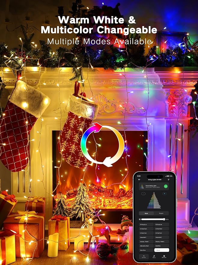 Brizled Smart Color Changing Christmas Lights, 66FT 200 LED Warm White & Multicolor Color Changing App Control Fairy Lights, Dimmable Music Sync Xmas Tree Light for Indoor Outdoor Wedding, Party Decor