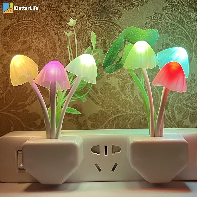iBetterLife LED Smart Sensor 0.6W Color Changing Plug-in Night Lights for Kids Adults Cute Mushroom Bedroom Home Decor Light Wall Lamps