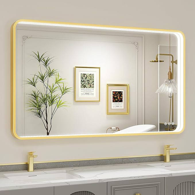 LED Bathroom Mirror with Lights, 48x28 Inch Gold Metal Framed LED Mirror for Bathroom, 3 Colors and Stepless Dimmable Wall Mounted Lighted Bathroom Vanity Mirror, Anti-Fog, Memory