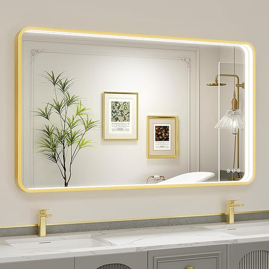 LED Bathroom Mirror with Lights, 48x28 Inch Gold Metal Framed LED Mirror for Bathroom, 3 Colors and Stepless Dimmable Wall Mounted Lighted Bathroom Vanity Mirror, Anti-Fog, Memory