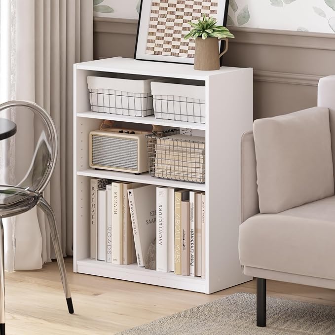Furinno GEHRY Book Shelf, 3-Tier Bookshelf, Bookcase with Adjustable Shelves, 11.6 x 24.8 x 31.6, for Living Room, Bedroom, Home Office, White