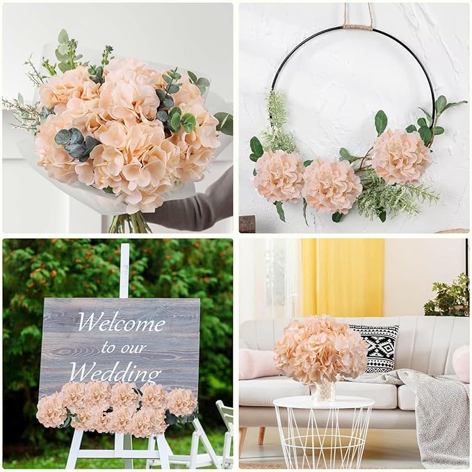 AVIVIHO 10pcs Hydrangea Artificial Flowers Champagne Fake Hydrangeas Flowers with Stems Full Fluffy, Realistic Silk Hydrangea for Table Centerpieces, Wedding,Party,Home Decor