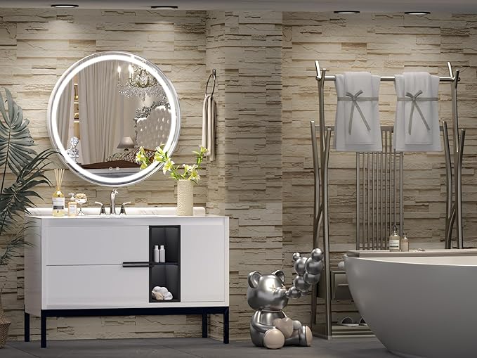 Hasipu 24 Inch Round LED Mirror for Bathroom with Lights, Silver Circular Vanity Mirror for Wall, Metal Framed Frontlit Bathroom Mirrors Anti-Fog, Dimmable, 3 Colors Makeup Shaving Mirror Wall Mounted