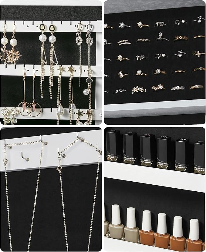 SONGMICS Lockable Jewelry Cabinet Armoire with Mirror, Wall-Mounted Space Saving Jewelry Storage Organizer, Christmas Gift, White UJJC51WT