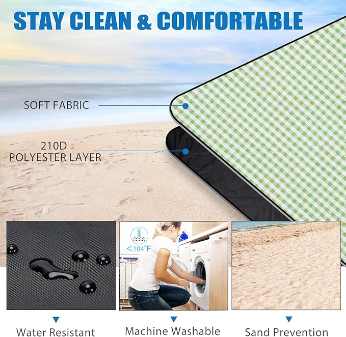 G GOOD GAIN Picnic Blankets Outdoor Extra Large - Waterproof Picnic Blanket with Carry Strap | Machine Washable Picnic Mat with Sandproof Backing for Park, Grass, Camping, Hiking, Concerts (Lime)