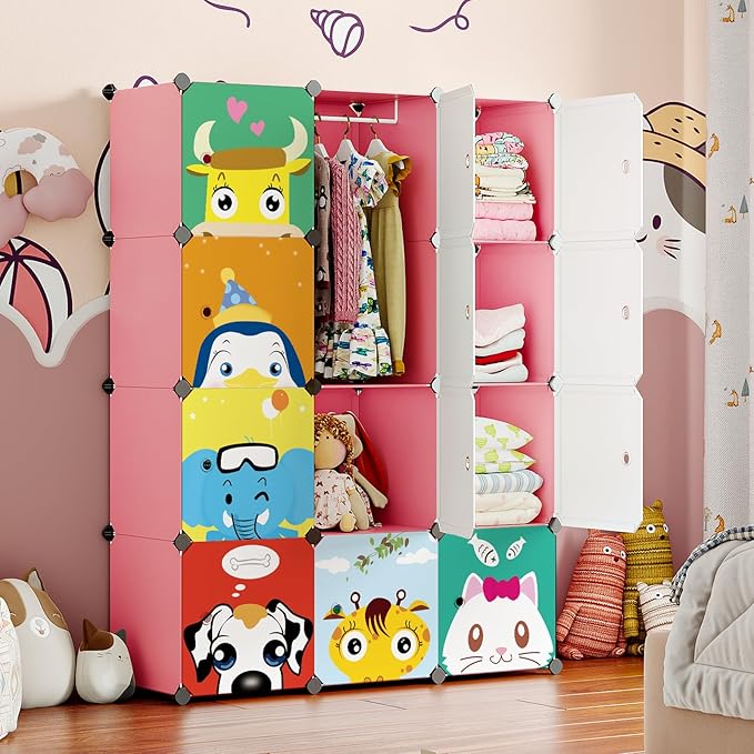 MAGINELS Children Wardrobe Kid Dresser Cute Baby Portable Closet Bedroom Armoire Clothes Hanging Storage Rack Cube Organizer,(Pink, 8 Cube & 2 Rod)