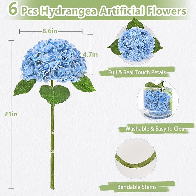 6 Pcs Real Touch Hydrangea Artificial Flowers, 21" Blue Full Faux Hydrangea Flowers Latex Fake Flowers for Home Decor Party Floral Arrangements Wedding Bouquets Centerpieces Outdoor Decor