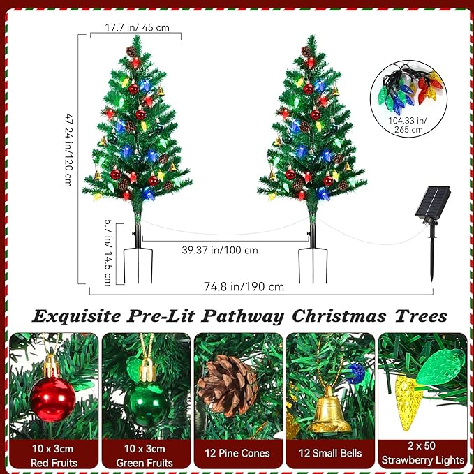 Lewondr Set of 2 Prelit Pathway Christmas Trees, 47.24" Outdoor Xmas Tree with 50 LED Strawberry Lights, Pine Cones Red Green Fruits, Solar and Type-C Powered Xmas Decor with Small Bells for Yard Home
